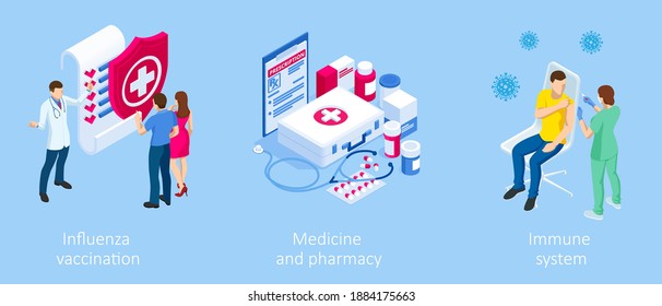 Isometric Vaccination and Immunization, Time to vaccinate, Online medical advise, medical prescription concept. Medicine industry.