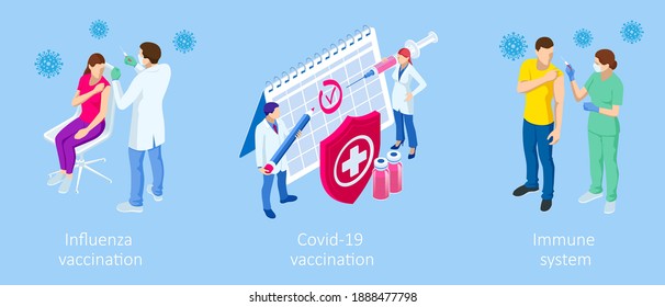 Isometric Vaccination and Immunization, Time to vaccinate, Online medical advise, medical prescription concept. Medicine industry.