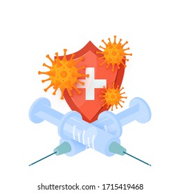 Isometric vaccine concept with crossed syringes, medical shield and viruses. Vector illustration isolated on a white background. Template for designs, web banners, posters, infographics.