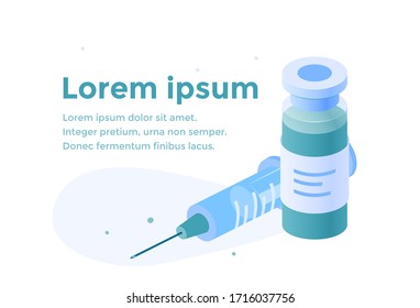 Isometric vaccine concept with syringe and vial. Vector illustration isolated on a white background. Horizontal template for medical designs, web banners, posters, Hero images, posts in social media.