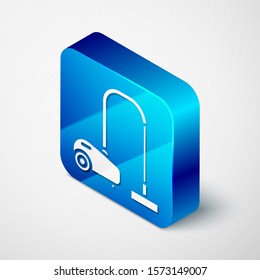 Isometric Vacuum cleaner icon isolated on white background. Blue square button. Vector Illustration