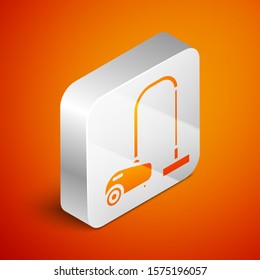 Isometric Vacuum cleaner icon isolated on orange background. Silver square button. Vector Illustration