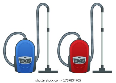 Isometric vacuum cleaner isolated on white background. Blue and red vacuum cleaners. Cleaning service concept. Disinfection and cleaning.