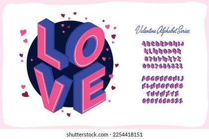 Isometric valentine concept font effect. Compose alphabet uppercase and number. Sweet color display typeface.