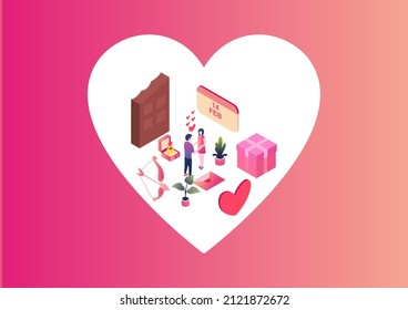 isometrische Valentinstag romantische Vektordesign mit Schokolade, Bogen, Liebe, Geschenk, Ring, Nachricht, Kalender februar