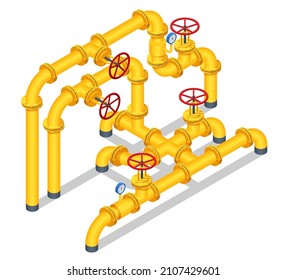 Isosometrische Ventile und Rohrleitungen, Kommunikation, Stopfventile, Geräte für Gas-Pumpstation. Öffnen oder Schließen des Rohrleitungsventils. Gasindustrie, Gastransportsystem.