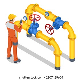 Isometric Valves and Piping, Communications, Stop Valves, Appliances for Gas Pumping Station. Opening or closing pipeline valve. Gas industry, gas transport system.