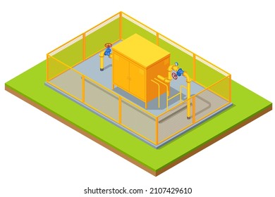 Válvulas y tuberías isométricas, comunicaciones, válvulas de parada, aparatos para la estación de bombeo de gas. Apertura o cierre de la válvula de tubería. Industria del gas, sistema de transporte de gas.