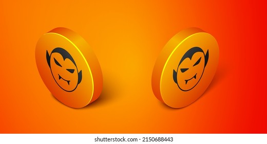 Isometric Vampire icono aislado en el fondo naranja. Feliz fiesta de Halloween. Botón de círculo naranja. Vector