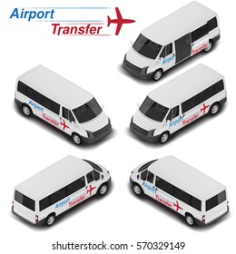 Isometric van. Airport passenger transfer automobile with plane symbol