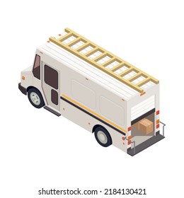 Isometric van with cardboard boxes inside and ladder on top 3d vector illustration