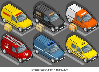 Isometric van in six models, delivery, firefighters, police, taxi