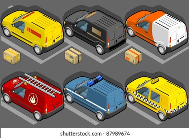 Isometric van in six models, delivery, firefighters, police, taxi