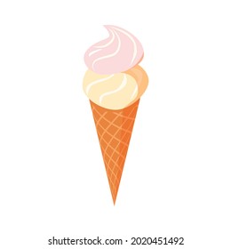 Isometric vanilla and strawberry ice cream in waffle cone 3d vector illustration