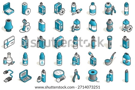 Isometric vape icons set. Vector collection of electronic cigarettes, e-liquids, mods, batteries, tanks, and accessories in blue and white. Vaping shop equipment symbols.