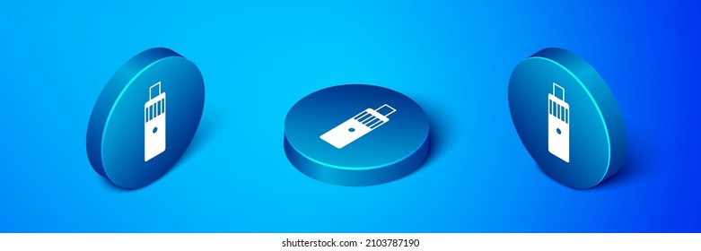 Isometric Vape mod device icon isolated on blue background. Vape smoking tool. Vaporizer Device. Blue circle button. Vector