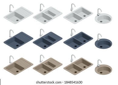 Isometric various elements kitchen sink with tap isolated on white background for creating a kitchen design.