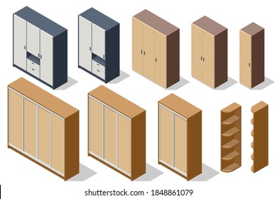 Isometric various elements wooden wardrobes isolated on white background for creating a interior of modern wardrobe room design. Spacious wardrobe interior.