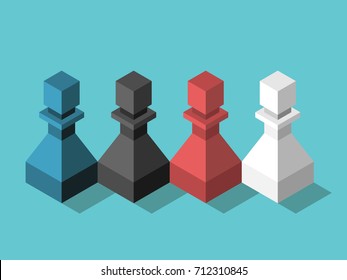 Isometric various multicolor chess pawns team standing together on turquoise. Teamwork, diversity, unity and cooperation concept. Flat design. EPS 8 vector illustration, no transparency, no gradients