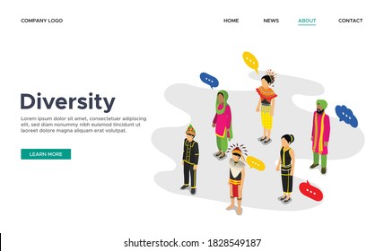 Isometric Of Various People Presenting Diversity In Malaysia. Creative Landing Web Page Design Template