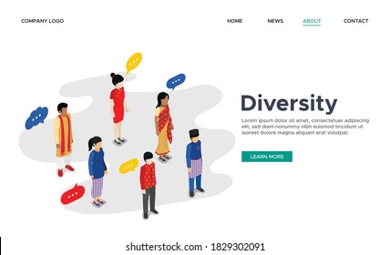 Isometric of various people presenting diversity in Malaysia. Creative landing web page design template