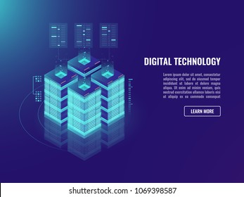 Isometric vecotr server room concept, cloud storage, blockchain technology,networking data warehouse and processing, bigdata banner, neon dark ulstraviolet