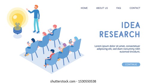 Isometric vectoe Idea Research illustration. Collective brainstorm. Include: people, lamp, chairs