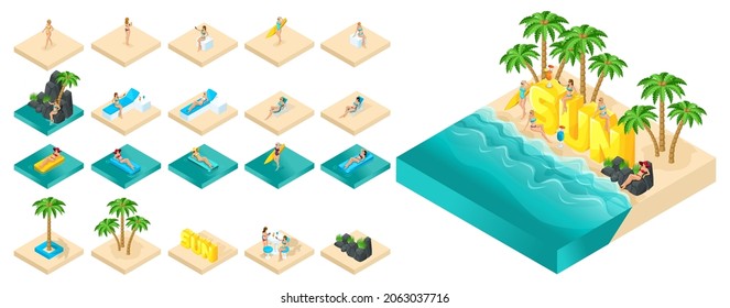 Isometric vector 3d girls in a swimsuit, a set for creating beautiful illustrations on a summer theme. Beach with beautiful sea waves.