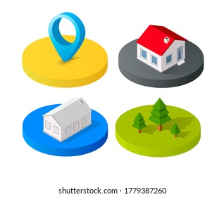Isometric vector 3D icono ciudades edificios para el conjunto de concepto web que incluye casas
