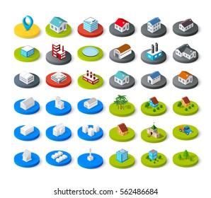 Isometric vector 3D icon city buildings for infographic concept set which includes house, offices homes shop stores, supermarkets and industrial elements