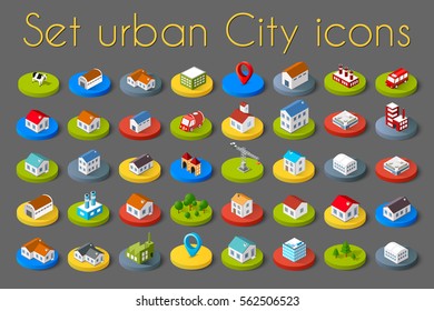 Isometric vector 3D icon city buildings for infographic concept set which includes house, offices homes shop stores, supermarkets and industrial elements