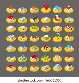 Isometric vector 3D icon city buildings for web concept set which includes house, offices homes shop stores, supermarkets and industrial elements