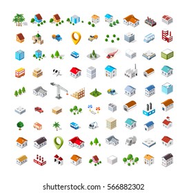 Isometric vector 3D icon city buildings for web concept set which includes house, crane, homes shop stores, supermarkets and industrial elements