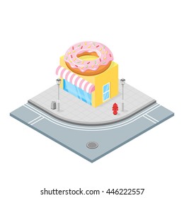 Isometric Vector 3d Illustration Of Donut Shop. City Landscape. Big Donut On The Roof. 