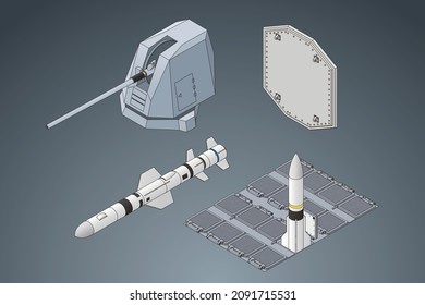 Isometric Vector 3D Illustration, Equipment For Aegis System, Modern Battleship, Weapons