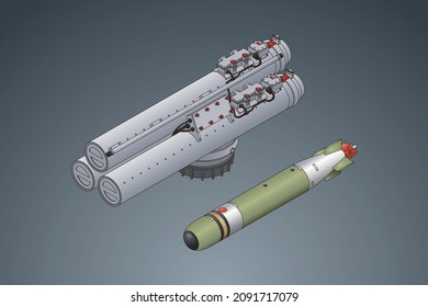 Isometric Vector 3D Illustration, Equipment For Modern Battleship Surface Vessel Torpedo Tubes