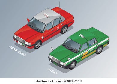 Ilustración de vectores isométricos 3D, Japón, Hong Kong TAXI