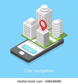 Isometric vector 3d illustration of online city navigation. Smartphone and map.