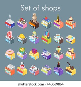 Isometric vector 3d illustration of shops. Set of city objects.