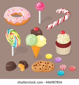 Isometric vector 3d illustration of sweets. Set of confection.