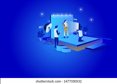 Isometric Vector 3d photographers taking women pictures people in photo studio