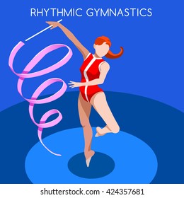 Isometric Vector 3D Rhythmic Gymnastic Ribbon Athlete Sportswoman Games icon 3D Isometric Gymnast female Athlete Sporting People Gymnast Competition. Sport Equipment Infographic events Vector People