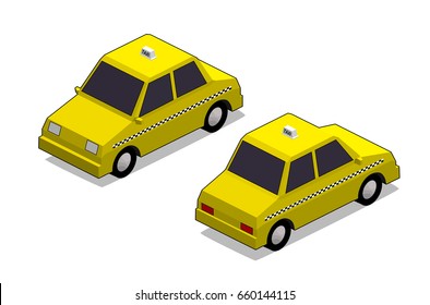 Isometric Vector 3d vehicle stylized yellow taxi cab car with rooftop sign with front and rear views  in isolated white background for icon, city infographic
