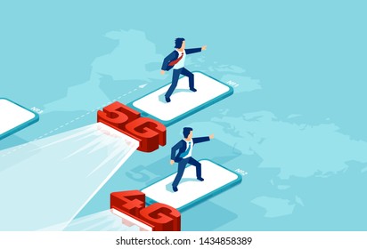 Isometric vector of a 5G network system and internet competing with 4G. Modern fast speed wireless technology concept 