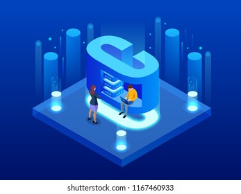 Isometric vector abstract Big Data visualization. Futuristic C letter design. Visual information complexity. Social network or business analytics representation