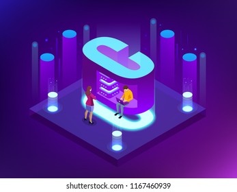 Isometric vector abstract Big Data visualization. Futuristic C letter design. Visual information complexity. Social network or business analytics representation