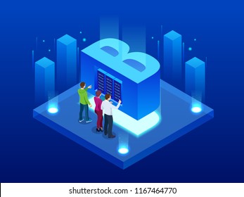 Isometric vector abstract Big Data visualization. Futuristic B letter design. Visual information complexity. Social network or business analytics representation