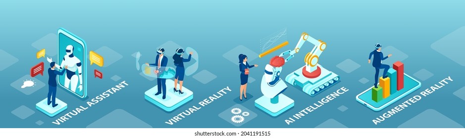 Isometric Vector For AI, Virtual Reality, Augmented Reality And Virtual Assistant In Business 