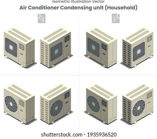 Isometric Vector Aircon Condensing unit.
Isometric vector as flat design of household air conditioner or condensing unit as all side and shadow installation outside house or balcony residential 