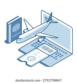 Isometric vector airplane and laptop next to passport and tickets, in color on white background, reserved or purchased tickets online